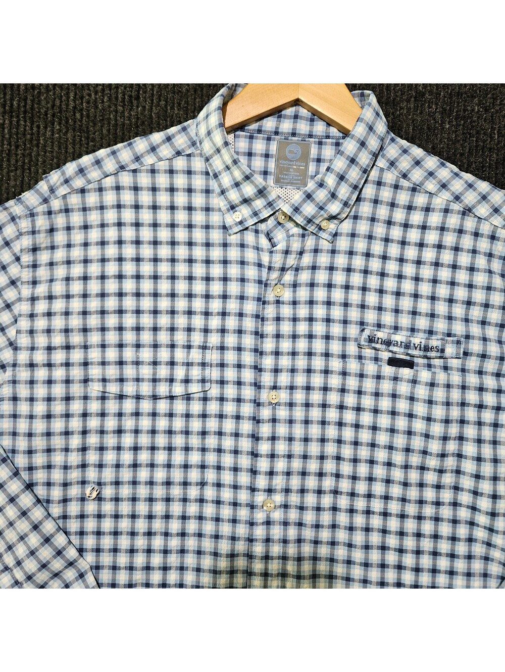 Vineyard Vines Men's Long-Sleeve Vented Fishing Shirt Blue and White Size XL